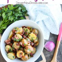 There's no mayo in this flavorful Bacon Potato Salad that's dressed with an easy garlic and honey-mustard vinaigrette. Delicious warm or cold, you'll enjoy making this zesty Bacon Potato Salad for picnics, potlucks, parties, and events!