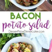 There's no mayo in this flavorful Bacon Potato Salad that's dressed with an easy garlic and honey-mustard vinaigrette. Delicious warm or cold, you'll enjoy making this zesty Bacon Potato Salad for picnics, potlucks, parties, and events!