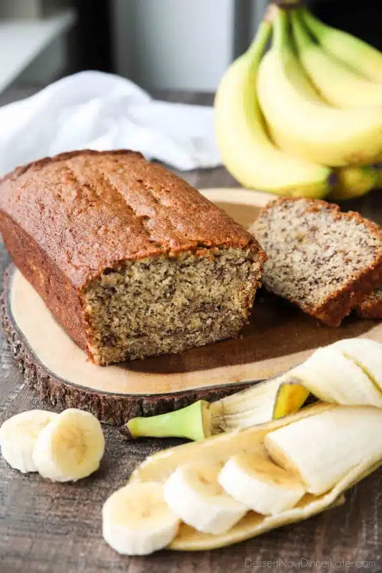 Use up those ripe bananas in this easy Banana Bread Recipe. The most delicious, moist, classic banana bread recipe. No mixer needed for this one-bowl quick bread.