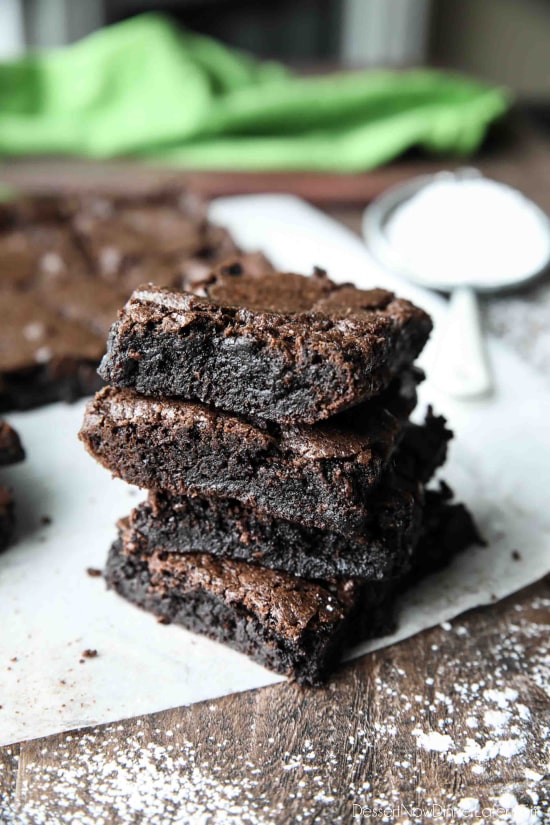 Homemade fudgy brownies are cheap and easy to make in one bowl like you would with a boxed mix from the store! Super moist and fudgy, these brownies will get eaten fast!