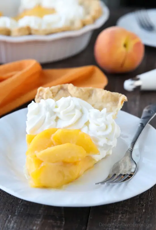 This Fresh Peach Pie has a no-bake filling that uses fresh, uncooked peaches and a simple homemade glaze inside of a crisp pie crust. A great recipe for fresh peaches!