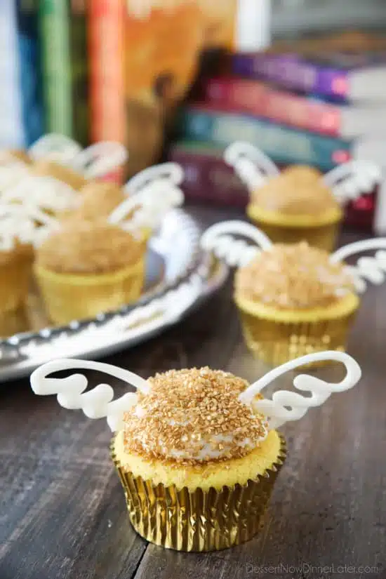 You don't need to be a professional cake decorator to make these super easy Golden Snitch Cupcakes for your Harry Potter Birthday Party! (+More Harry Potter Party Ideas!)