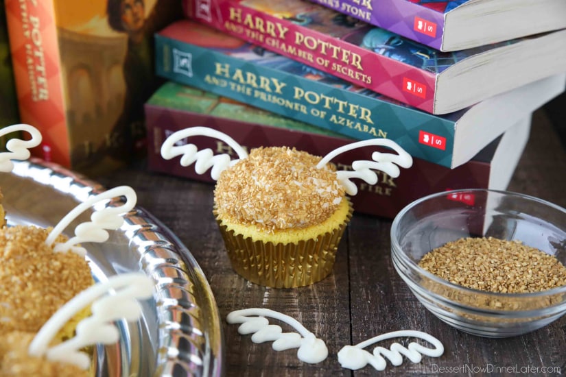You don't need to be a professional cake decorator to make these super easy Golden Snitch Cupcakes for your Harry Potter Birthday Party! (+More Harry Potter Party Ideas!)