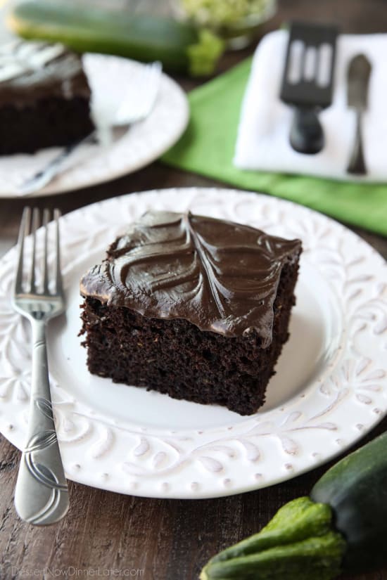 Chocolate Zucchini Cake is rich and moist, and topped with a decadent chocolate frosting. You'd never know there was zucchini hidden in this easy and delicious chocolate cake!