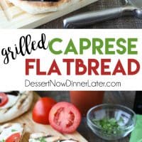 Grilled Caprese Flatbread makes a great summer dinner or appetizer. Freshly grilled bread is topped with mozzarella, tomatoes, basil, and garlic, then drizzled with a simple balsamic glaze. 