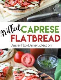 Grilled Caprese Flatbread makes a great summer dinner or appetizer. Freshly grilled bread is topped with mozzarella, tomatoes, basil, and garlic, then drizzled with a simple balsamic glaze. 
