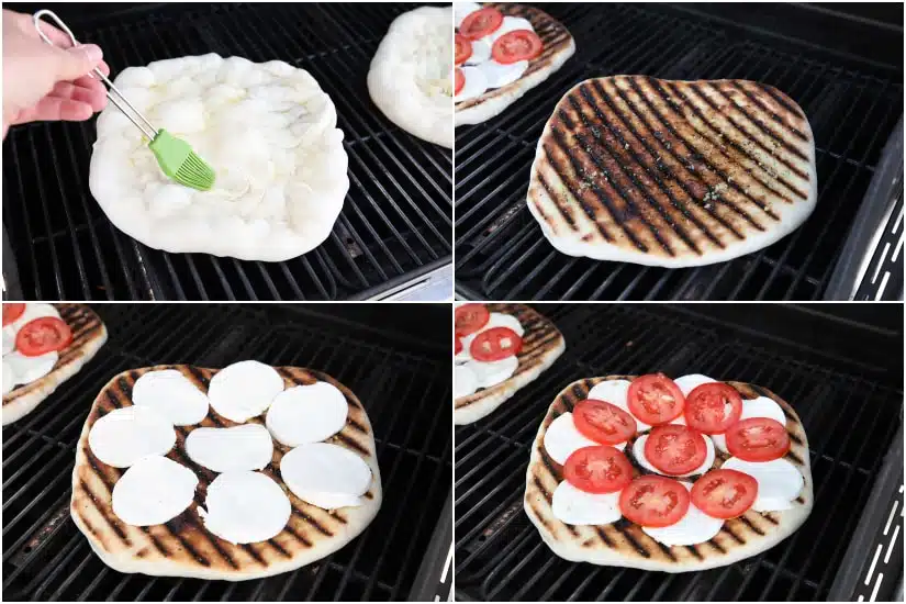 Grilled Caprese Flatbread makes a great summer dinner or appetizer. Freshly grilled bread is topped with mozzarella, tomatoes, basil, and garlic, then drizzled with a simple balsamic glaze. 