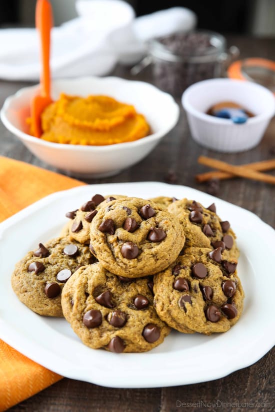 These soft-baked Pumpkin Chocolate Chip Cookies are a little chewy, a little cakey, and full of pumpkin spices and creamy chocolate chips. An easy and delicious fall treat!