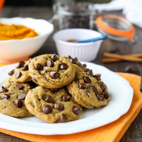 These soft-baked Pumpkin Chocolate Chip Cookies are a little chewy, a little cakey, and full of pumpkin spices and creamy chocolate chips. An easy and delicious fall treat!