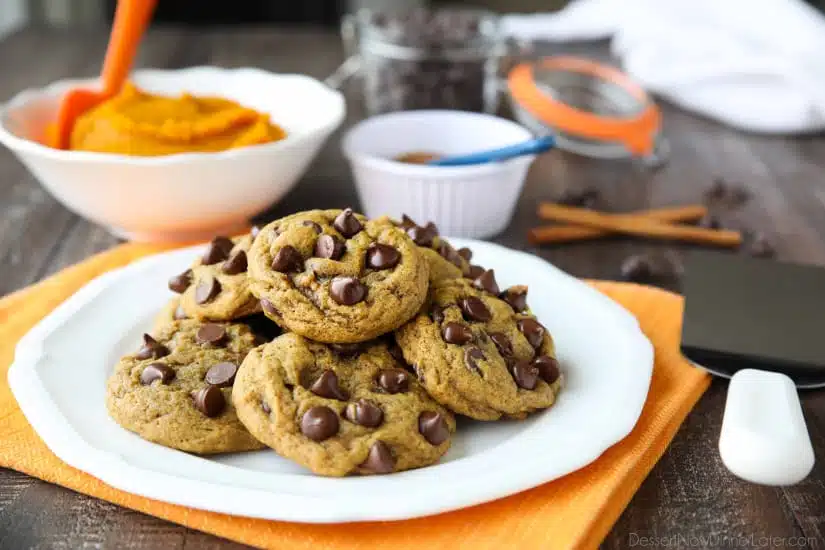 These soft-baked Pumpkin Chocolate Chip Cookies are a little chewy, a little cakey, and full of pumpkin spices and creamy chocolate chips. An easy and delicious fall treat!