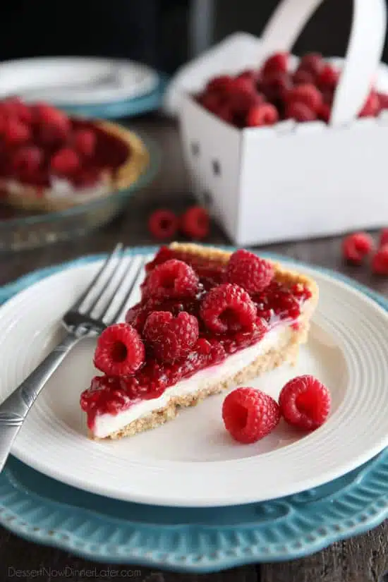 Raspberry Cream Pie has layers of no-bake cheesecake and an easy raspberry pie filling inside of a vanilla wafer crust. It's not too sweet, not too tart, is perfectly light and satisfying, and can be made year round with fresh or frozen raspberries. 