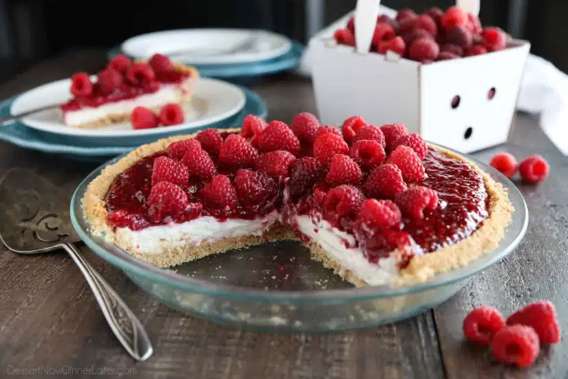 Raspberry Cream Pie has layers of no-bake cheesecake and an easy raspberry pie filling inside of a vanilla wafer crust. It's not too sweet, not too tart, is perfectly light and satisfying, and can be made year round with fresh or frozen raspberries. 