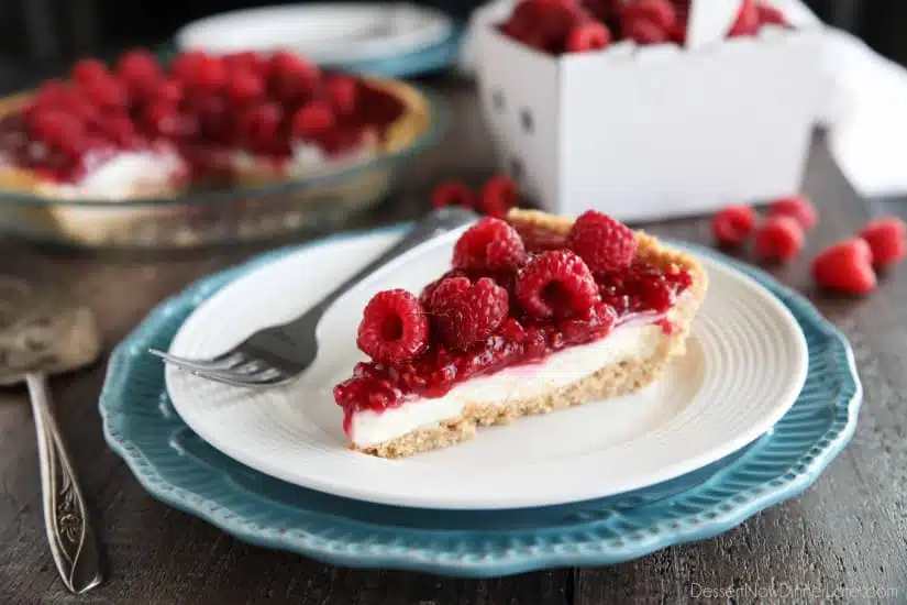 Raspberry Cream Pie has layers of no-bake cheesecake and an easy raspberry pie filling inside of a vanilla wafer crust. It's not too sweet, not too tart, is perfectly light and satisfying, and can be made year round with fresh or frozen raspberries. 