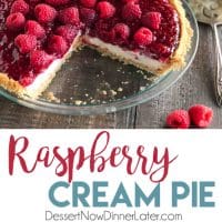 Raspberry Cream Pie has layers of no-bake cheesecake and an easy raspberry pie filling inside of a vanilla wafer crust. It's not too sweet, not too tart, is perfectly light and satisfying, and can be made year round with fresh or frozen raspberries. 
