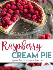 Raspberry Cream Pie has layers of no-bake cheesecake and an easy raspberry pie filling inside of a vanilla wafer crust. It's not too sweet, not too tart, is perfectly light and satisfying, and can be made year round with fresh or frozen raspberries. 