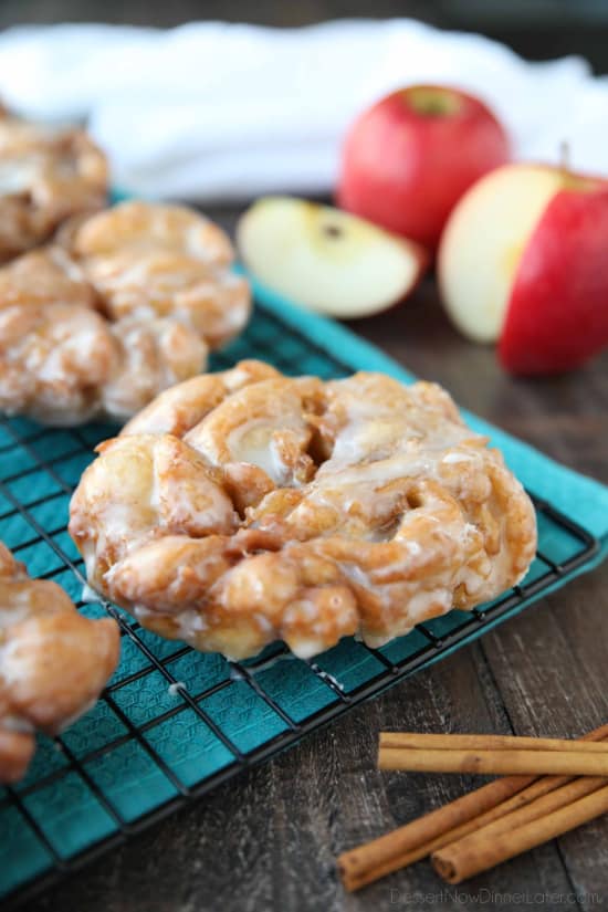 Apple Fritters - an easy and delicious yeast doughnut with chunks of apples, ground cinnamon, and a sweet glaze.