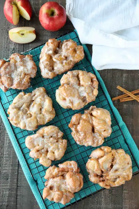 Apple Fritters - an easy and delicious yeast doughnut with chunks of apples, ground cinnamon, and a sweet glaze.