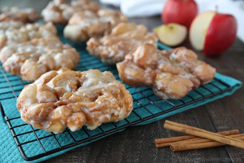 Apple Fritters - an easy and delicious yeast doughnut with chunks of apples, ground cinnamon, and a sweet glaze.