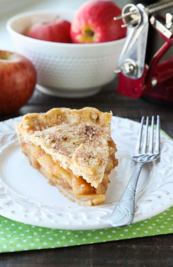 This homemade apple pie recipe has a flaky pie crust with cinnamon-sugar sprinkled on top and an extra fruity apple pie filling with just the right amount of sauce.