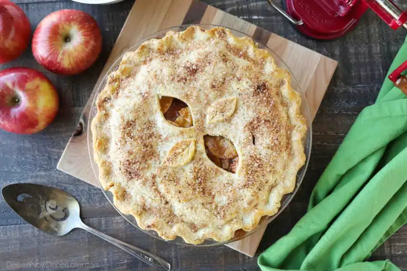 This homemade apple pie recipe has a flaky pie crust with cinnamon-sugar sprinkled on top and an extra fruity apple pie filling with just the right amount of sauce.