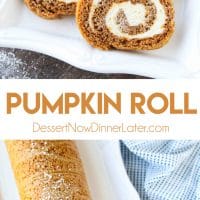 This classic Pumpkin Roll is a simple spiced pumpkin cake rolled up with the BEST cream cheese frosting inside. Use parchment paper for easy rolling -- no towel needed.