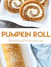 This classic Pumpkin Roll is a simple spiced pumpkin cake rolled up with the BEST cream cheese frosting inside. Use parchment paper for easy rolling -- no towel needed.