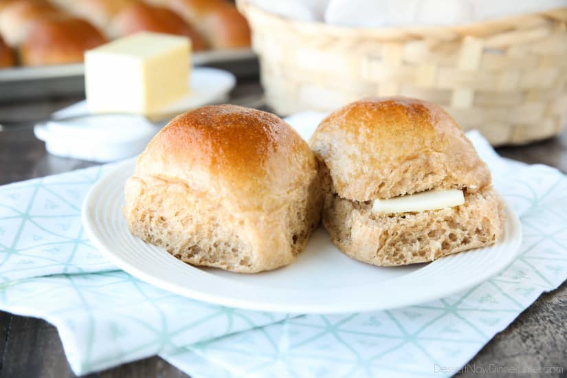 These 100% Whole Wheat Dinner Rolls are so soft, light, fluffy and moist, with a hint of honey. Make them for holidays (Thanksgiving, Christmas, Easter, etc.) or any day!