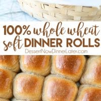 These 100% Whole Wheat Dinner Rolls are so soft, light, fluffy and moist, with a hint of honey. Make them for holidays (Thanksgiving, Christmas, Easter, etc.) or any day!
