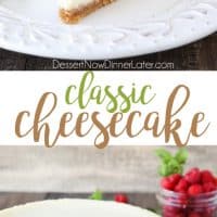 This Classic Cheesecake recipe is smooth, creamy, moist, and full of vanilla, with a graham cracker crust. Plus ALL the tips and tricks for the PERFECT cheesecake with NO CRACKS! Great for holidays or any occasion. #Thanksgiving #Christmas