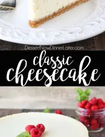 This Classic Cheesecake recipe is smooth, creamy, moist, and full of vanilla, with a graham cracker crust. Plus ALL the tips and tricks for the PERFECT cheesecake with NO CRACKS! Great for holidays or any occasion. #Thanksgiving #Christmas