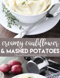 Lightened-up Creamy Cauliflower and Mashed Potatoes is a healthier side dish, with half cauliflower and half potatoes. Velvety smooth and creamy with less carbs and no milk, sour cream, or butter. Delicious enough for Thanksgiving or Christmas, yet simple enough for any dinner.