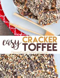 Cracker Toffee (aka Christmas Crack) is so easy to make and highly addictive! Saltine crackers are coated in a quick toffee layer and topped with chocolate and nuts. 