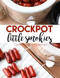 Crockpot Little Smokies is an easy appetizer for parties, the big game, or holidays. Only three ingredients and a slow cooker is all you need for these cocktail sausages. The sweet and tangy sauce is great on meatballs too! 