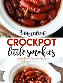 Crockpot Little Smokies is an easy appetizer for parties, the big game, or holidays. Only three ingredients and a slow cooker is all you need for these cocktail sausages. The sweet and tangy sauce is great on meatballs too! 