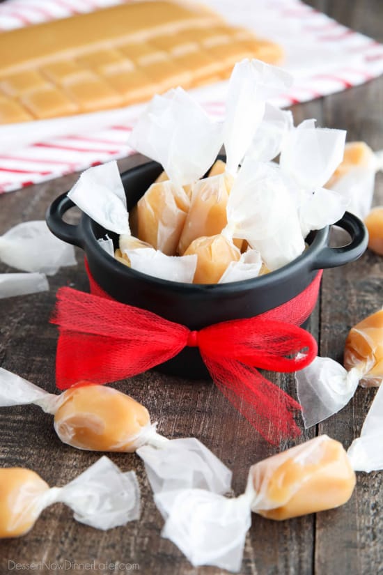 This Homemade Caramels recipe is so soft, chewy, and melt-in-your mouth buttery. A delicious candy that is the perfect holiday gift for Christmas neighbor plates.