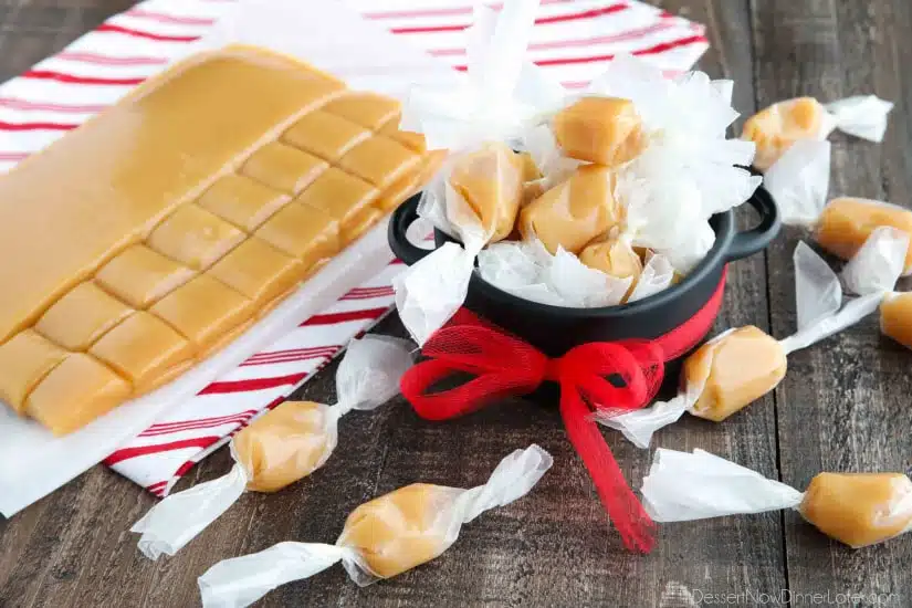 This Homemade Caramels recipe is so soft, chewy, and melt-in-your mouth buttery. A delicious candy that is the perfect holiday gift for Christmas neighbor plates.