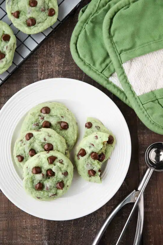 Mint Chocolate Chip Cookies are soft, chewy, and chocolatey, with just the right amount of mint! Makes a great Christmas cookie and is perfectly green for St. Patrick's Day! 