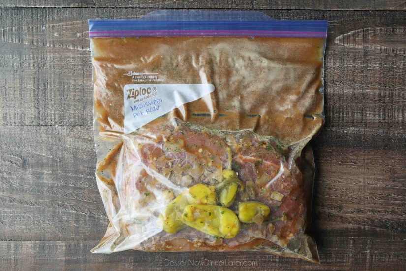 Prepared ingredients for Mississippie Pot Roast in a freezer bag.