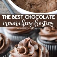 This is the BEST Chocolate Cream Cheese Frosting! Silky smooth and creamy, yet thick and sturdy enough for piping on cakes or cupcakes. It’s super easy to make and not too sweet.