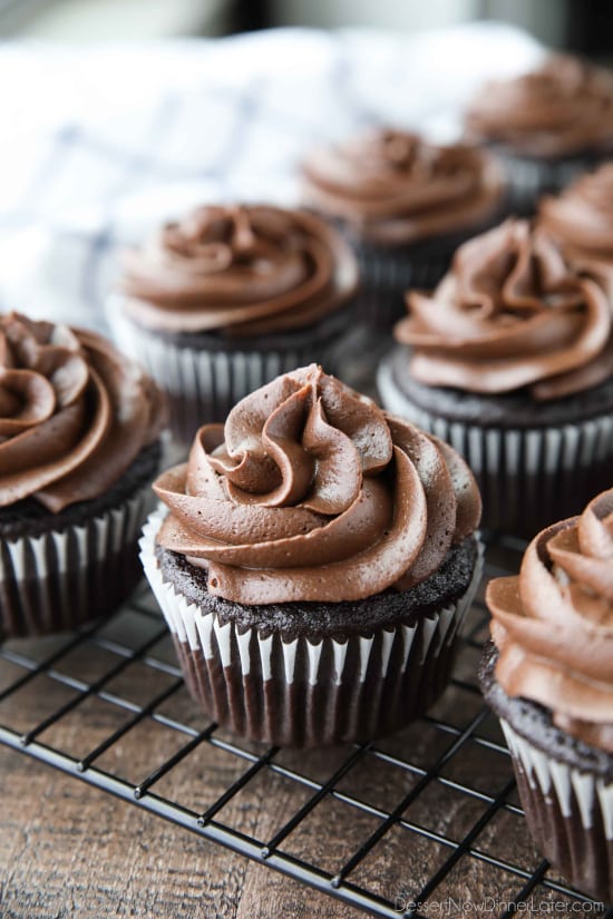Frosted chocolate cupcakes.