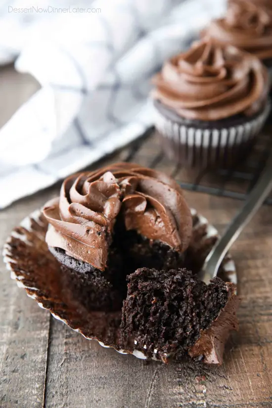 A fork full of chocolate cupcake.