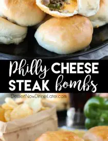 Philly Cheesesteak Bombs are easy to make with pre-made dough that's stuffed with meat, veggies, and two kinds of cheese! A tasty game day appetizer, or hot pocket sandwich for dinner!