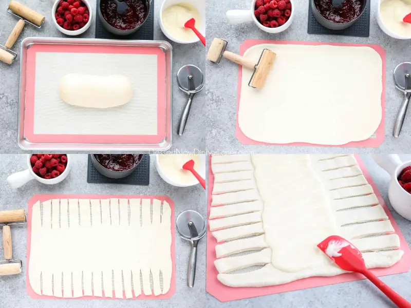 Rolling and cutting the dough for a Raspberry Breakfast Braid.