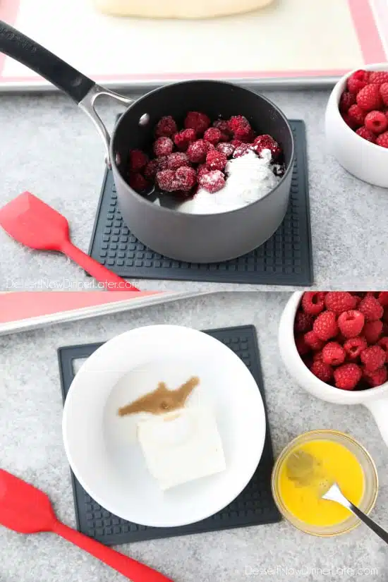 Preparing a quick raspberry sauce and cream cheese filling.