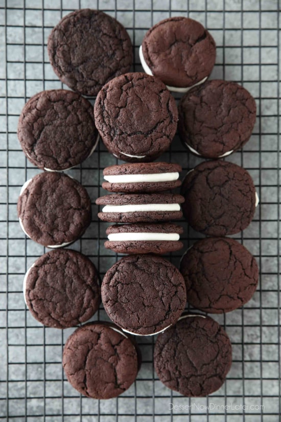 These easy Homemade Oreos are made completely from scratch. Soft, fudgy (brownie-like) chocolate cookies are stuffed with a simple, vanilla cream filling. (Cream Cheese Frosting recipe also available for Oreo filling.)