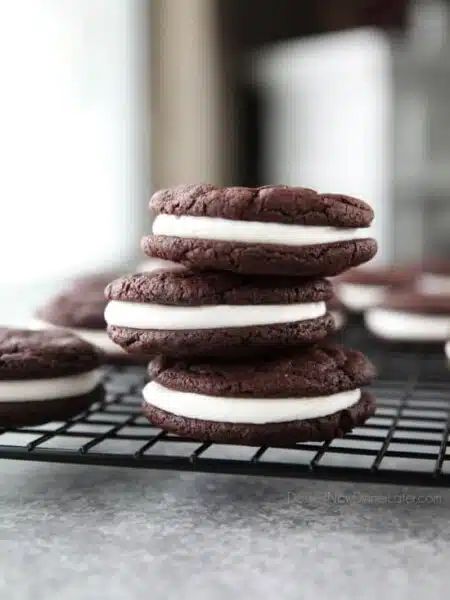 These easy Homemade Oreos are made completely from scratch. Soft, fudgy chocolate cookies are stuffed with a simple, vanilla cream filling. (Cream Cheese Frosting recipe also available for filling.)
