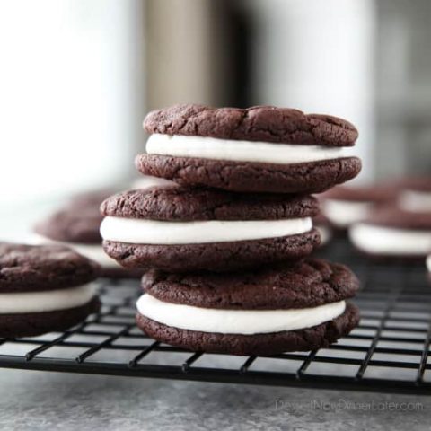 These easy Homemade Oreos are made completely from scratch. Soft, fudgy chocolate cookies are stuffed with a simple, vanilla cream filling. (Cream Cheese Frosting recipe also available for filling.)