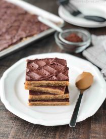 These Peanut Butter Bars with oatmeal are a soft and chewy baked cookie dessert topped with an extra layer of peanut butter, and a decadent chocolate frosting. Perfect for parties and potlucks! (Serves a crowd.)