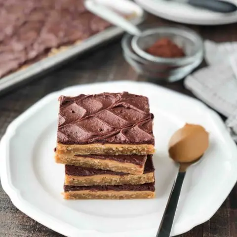 These Peanut Butter Bars with oatmeal are a soft and chewy baked cookie dessert topped with an extra layer of peanut butter, and a decadent chocolate frosting. Perfect for parties and potlucks! (Serves a crowd.)