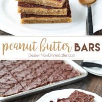These Peanut Butter Bars with oatmeal are a soft and chewy baked cookie dessert topped with an extra layer of peanut butter, and a decadent chocolate frosting. Perfect for parties and potlucks! (Serves a crowd.)